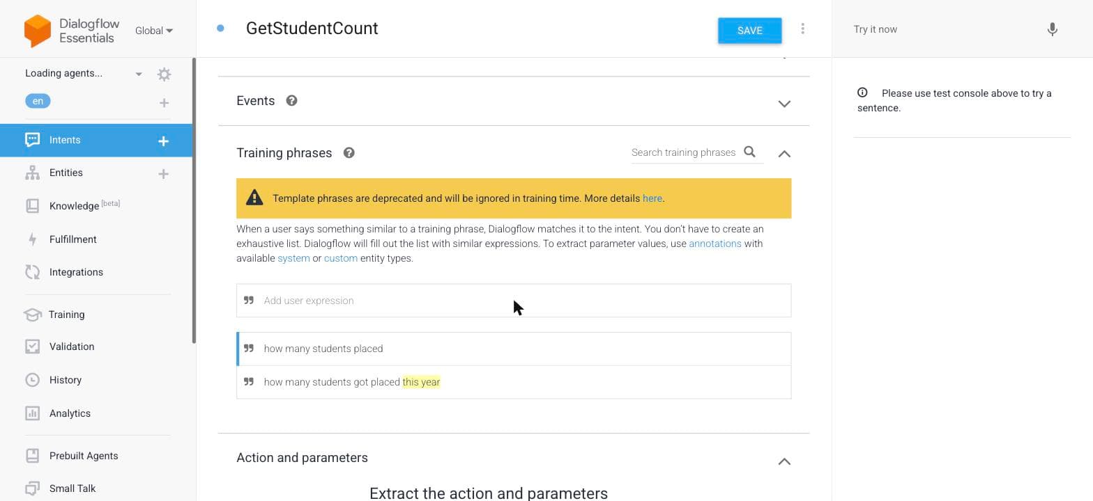 Dialogflow console showing two training phrases for a GetStudentCount intent, with 'this year' automatically highlighted as a date-period entity