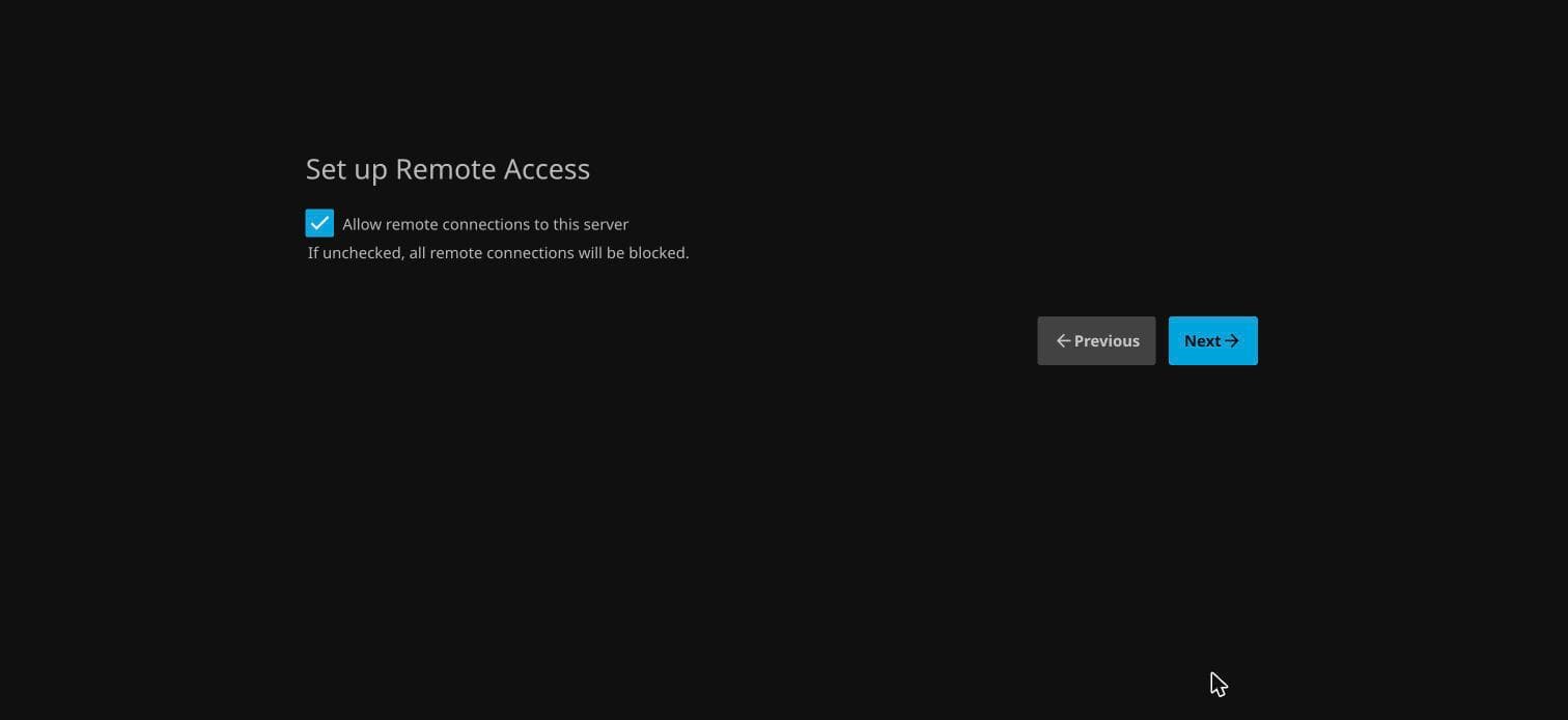 Jellyfin wizard screen with a checkbox for allowing remote connections to the server
