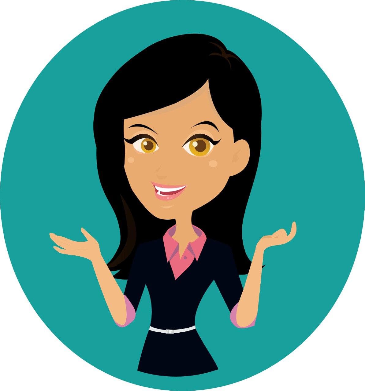 A cartoon avatar of a woman in a dark blazer, used as the chatbot's profile picture in the chat widget